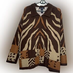 Denim&Co Brown and Tan Patterned patchwork animal print zipper jacket